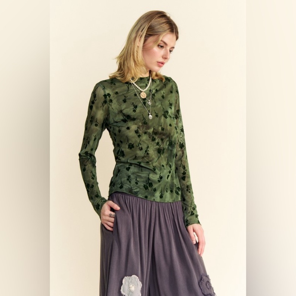 179B. Floral Mesh Long Sleeve Sheer Top - Olive